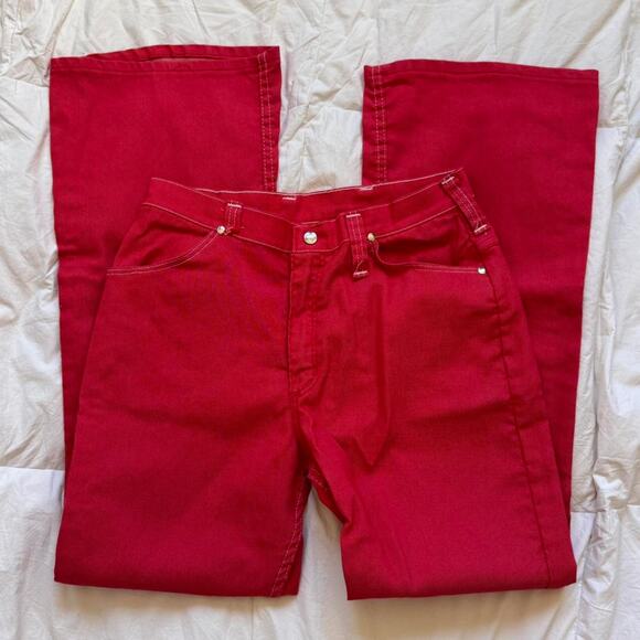 Vintage 70s flared leg jeans sz 14 red wrangler retro boho contrast stitching - Picture 8 of 8